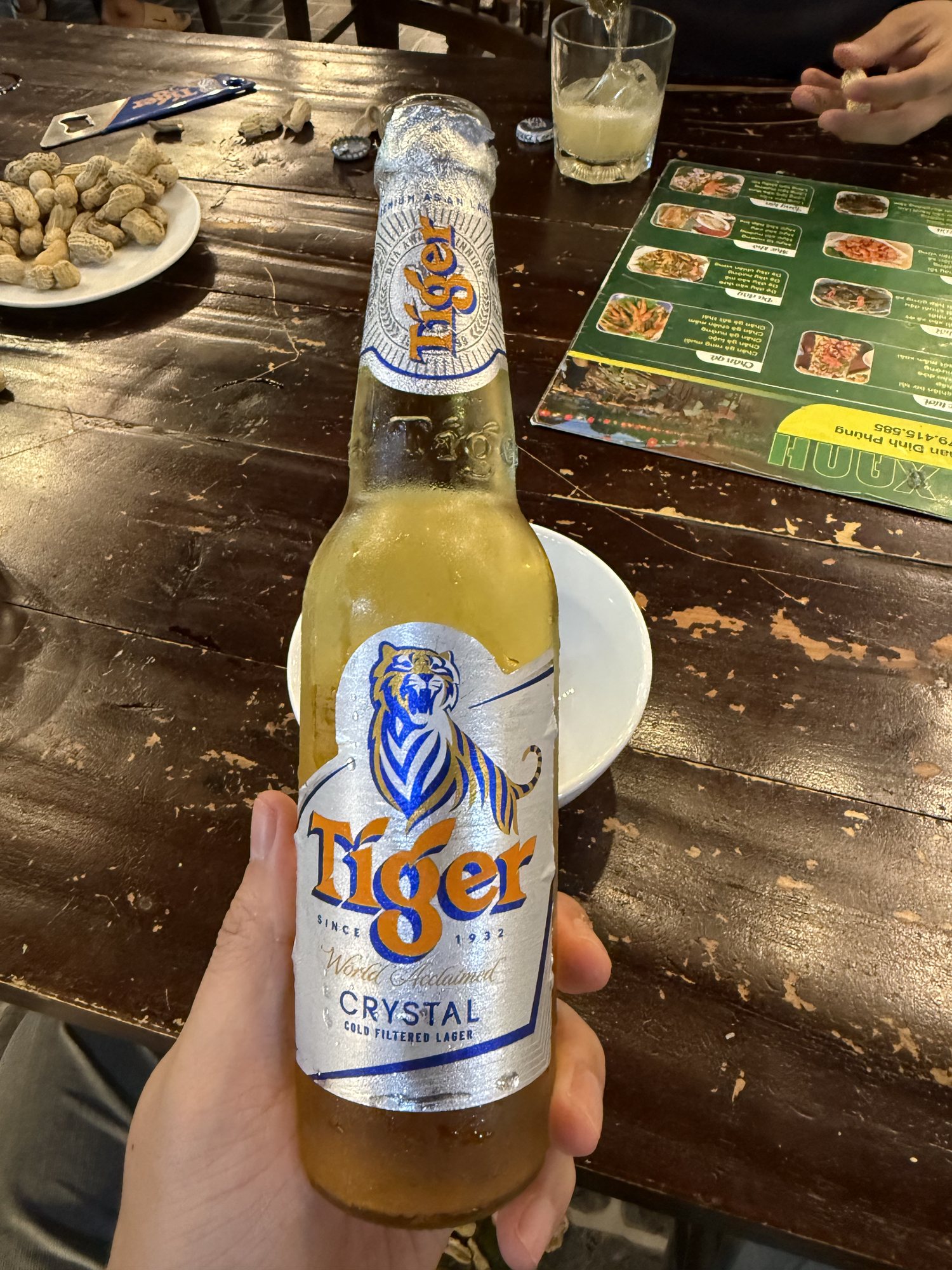 手中拿着一瓶 Tiger 啤酒